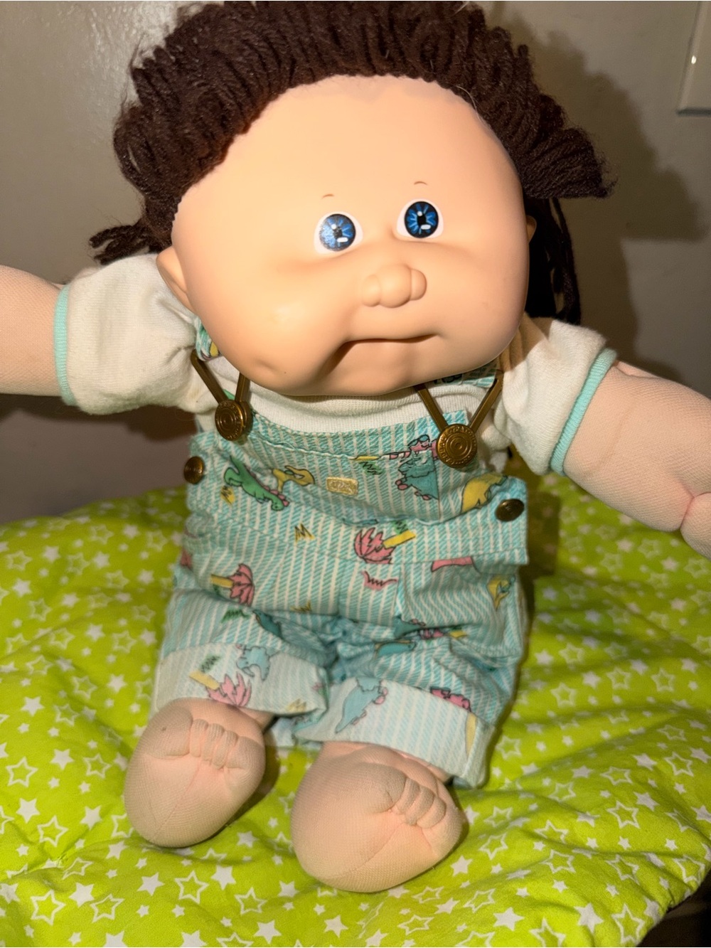 Plush Soft-Body Baby Doll with Mint Patterned Overalls
